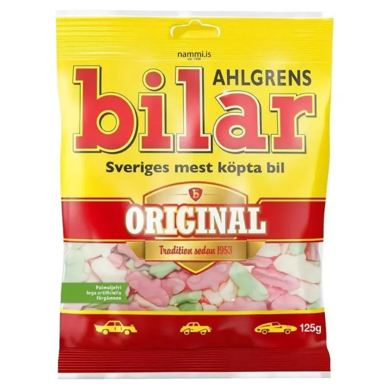 Nammi Ahlgrens Bilar Original Candy 100g bag, colorful car-shaped foam candies