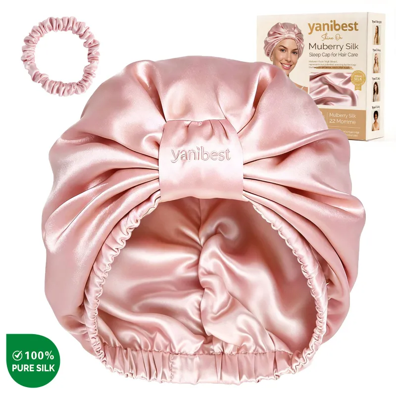 Yanibest Mulberry Silk Bonnet 22 MOMME 6A Turban in pink shown wrapped on model