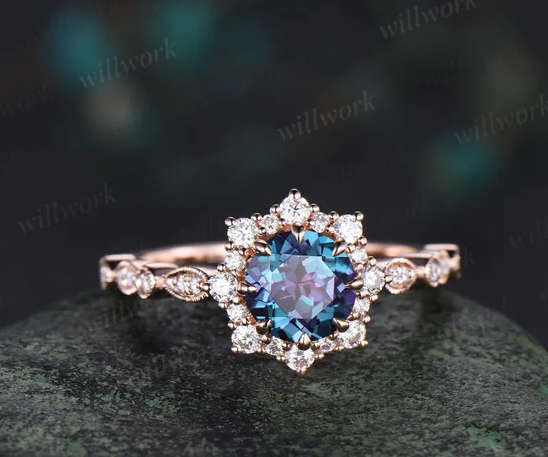 WillWork Jewelry 1ct round alexandrite wedding ring rose gold 8 prong milgrain art deco halo emerald engagement ring