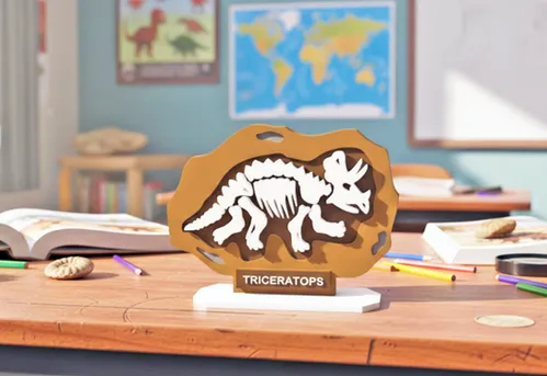 Fun House Toys Triceratops Bone Fossil Puzzle Model showing assembled three-horned dinosaur skeleton
