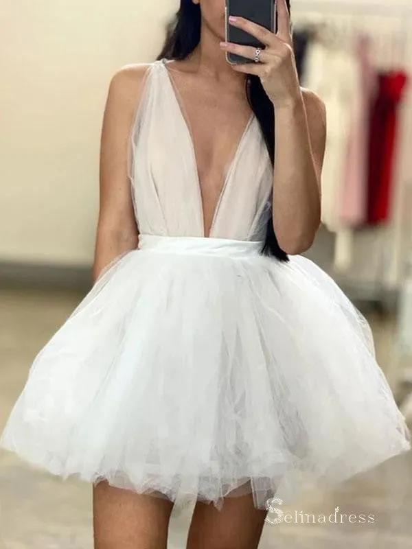 Selinadress A-line Deep V neck Ivory Cheap Short Prom Dress Homecoming Dresses, short tulle dress