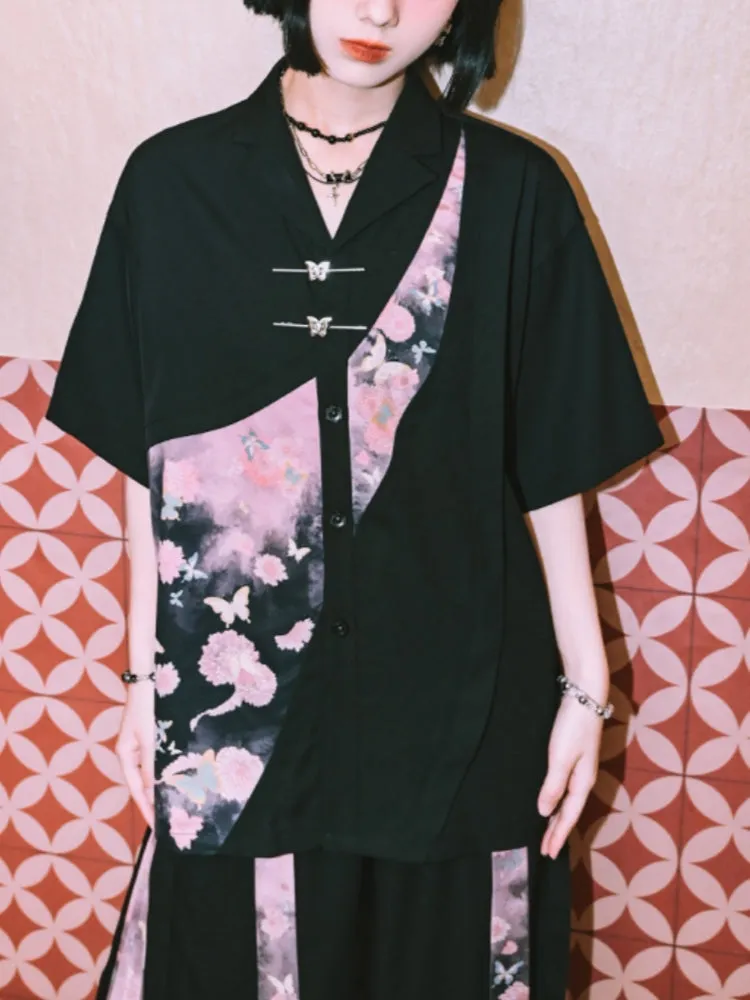 Juwas Artistic Patchwork Printed Chinese-Style shirt showing the detailed pattern and relaxed fit.