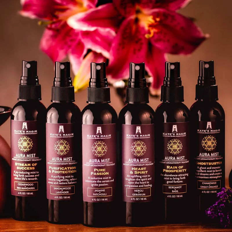 Kates Magik Aura Mist Collection Set showing all six essential oil mist bottles