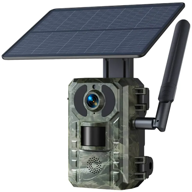 Voopeak TC25 cellular trail camera strapped to tree with solar panel attached