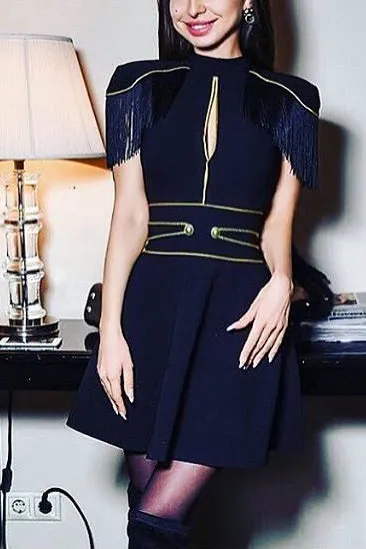 Mislish Black Tassel Trim Cutout Cocktail Dress, front view