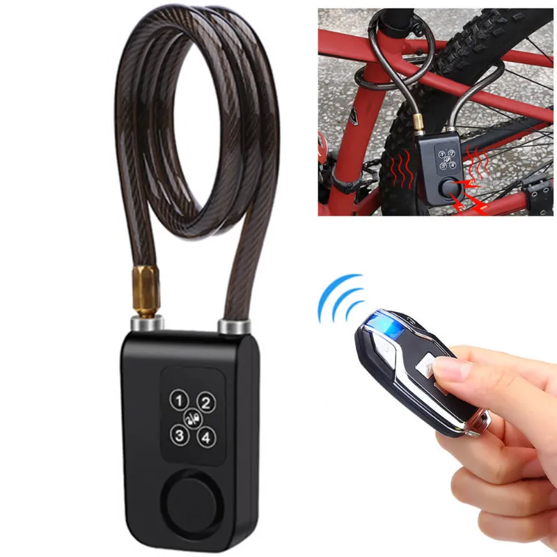 Wsdcam Bike Cable Lock Anti-Theft Vibration Alarm with Remote showing coiled steel cable and alarm unit