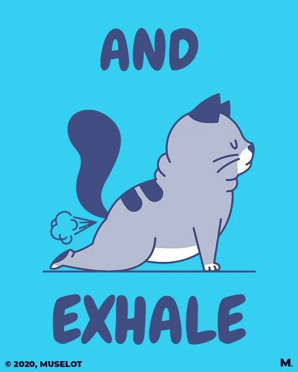 Muselot And exhale printed t shirt with yoga cat design