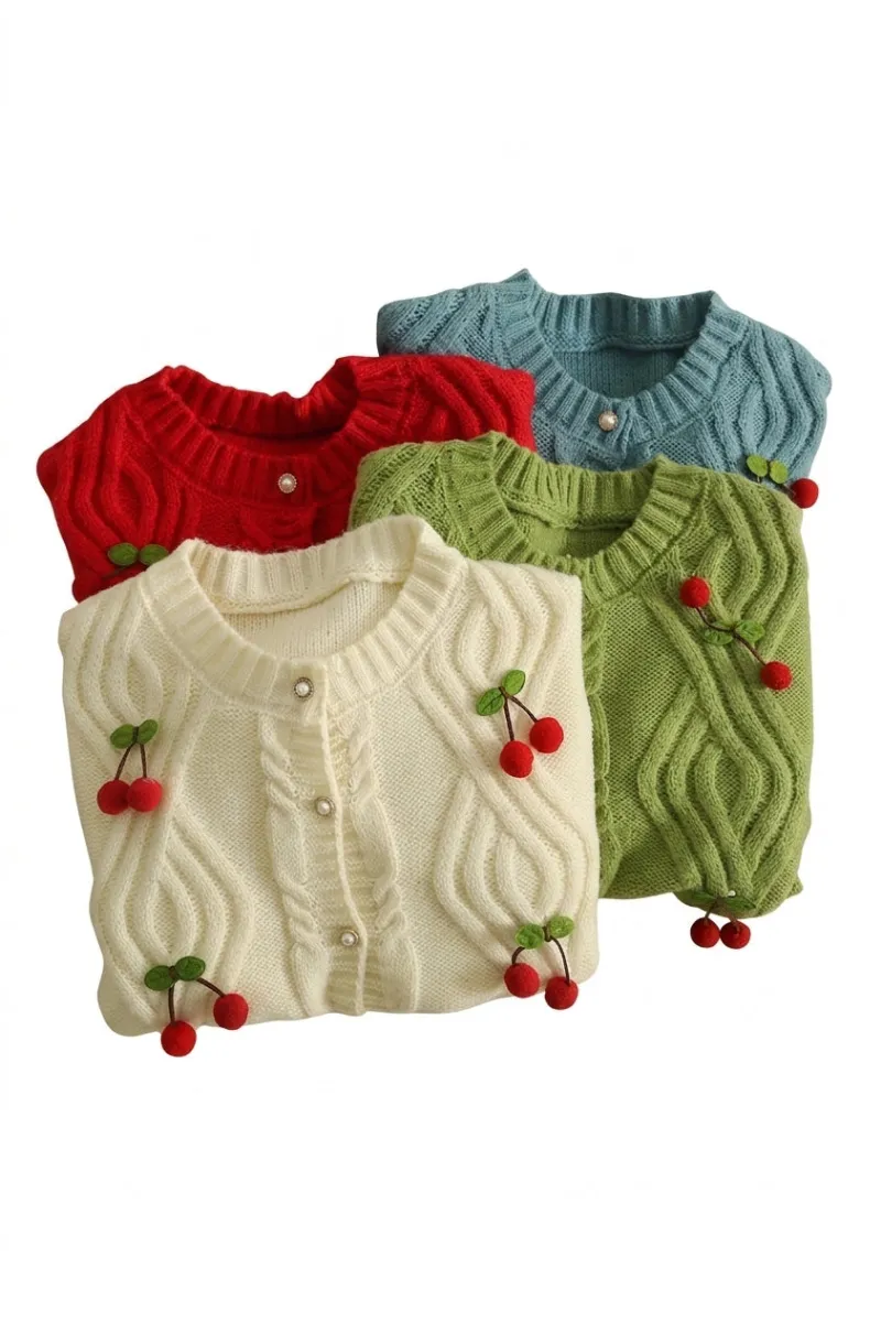 Cottagecore Clothes Cottagecore Cherry Harvest Cable Knit Cardigan with 3D felt cherry appliqués and pearl buttons
