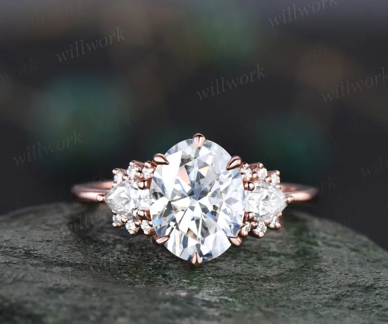 WillWork Jewelry 2ct oval cut IGI lab-grown diamond engagement ring, 14k rose gold with pear accents
