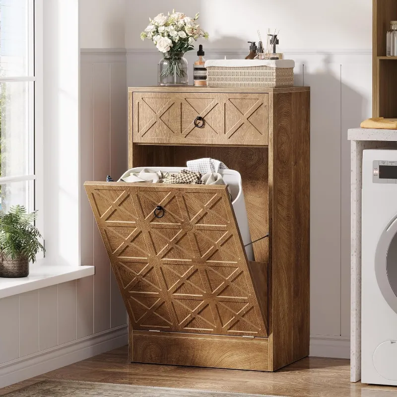 Tribesigns 13 Gallon Tilt-Out Laundry Hamper, wooden cabinet with drawer in brown finish