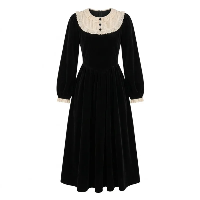 Cottagecore Clothes Dark Cottagecore Collar Velvet Maxi Dress in black with cream lace collar