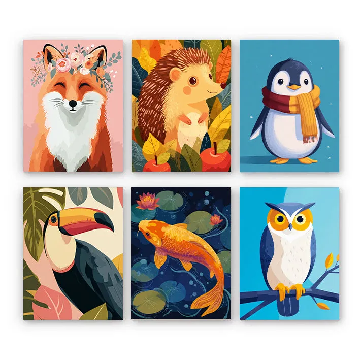 Maikoo Art 6 Mini PBN Joyful Friends Animal Portraits set showing six small animal-themed paintings