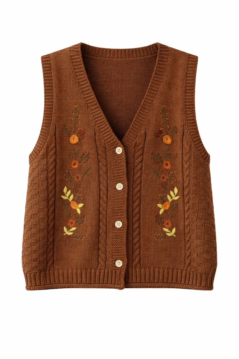 Cottagecore Clothes Cottagecore Autumn Harvest Embroidered Knit Vest in cream with floral embroidery
