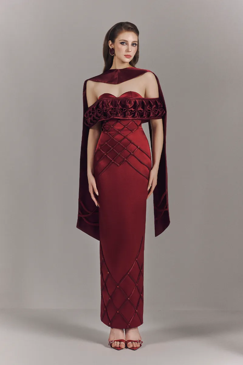 Kalisa Aurelia Off Shoulder Hand-Smocked Maxi Dress With Neck Scarf, off-shoulder maxi with smocked detail