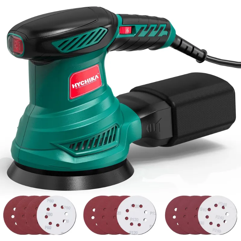 HYCHIKA 5-inch Random Orbital Sander with dust bag and sandpaper discs on white background