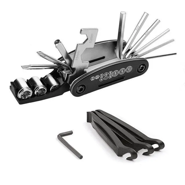 PUPU Sports Bicycle Repair Kit with Pump Tire Patch 16-in-1 Multi Tool Set laid out with all components