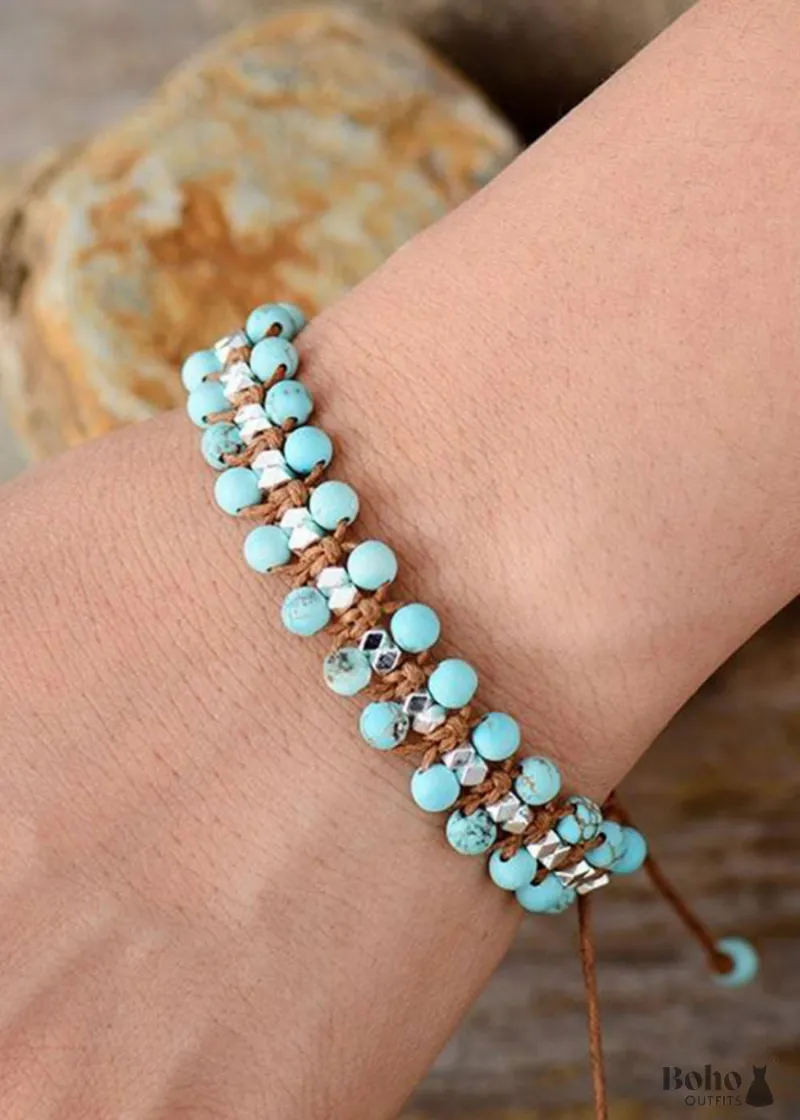 Boho Bracelet Friendship Bracelet with blue amazonite and purple jasper stones, shown on a neutral background
