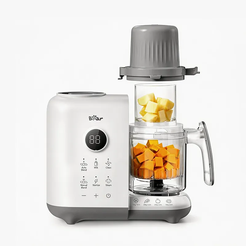 Bearforbaby Bear OneStep baby food processor steamer, compact white and stainless steel device with display