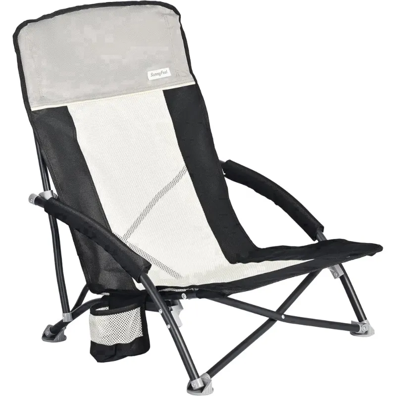 SunnyFeel Outdoor Sunnyfeel Folding Low Beach Chair, 1 Pack, Black, low folding mesh chair with cup holder shown in black