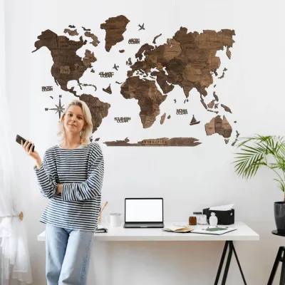 Enjoy The Wood 3D Wooden World Map Dark Walnut for US with natural walnut layered continents