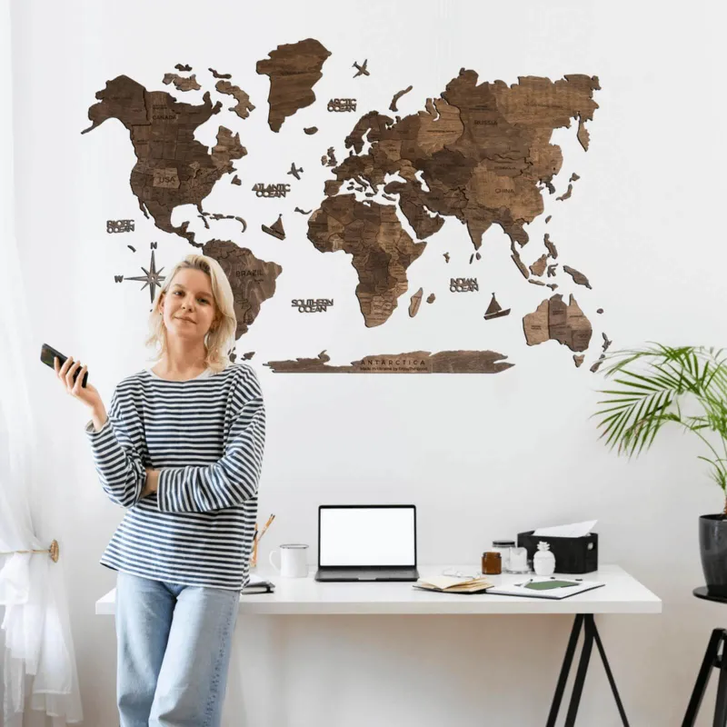 Enjoy The Wood 3D Wooden World Map Dark Walnut for US with natural walnut layered continents