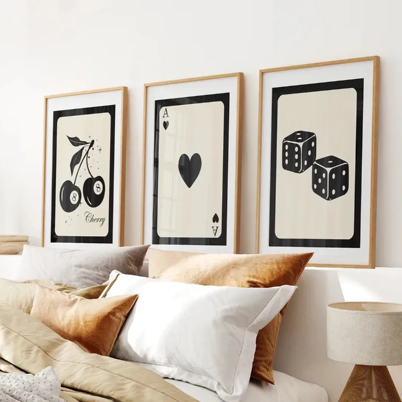 Wall Art Set Black Beige Set of 3 Vintage Playing Cards prints