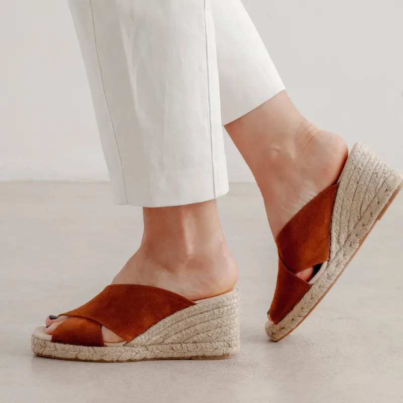 BIANKINA Genoa Cross Strap Vegan Suede Espadrille Wedge Sandals in Caramel with criss-cross straps