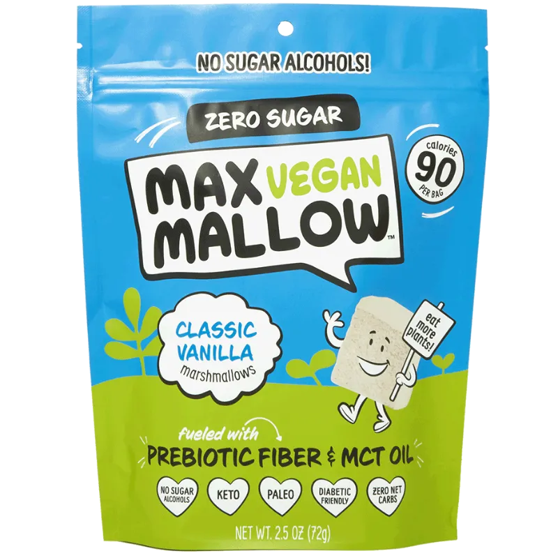 Max Sweets Vegan Classic Vanilla Marshmallows bag against a light background