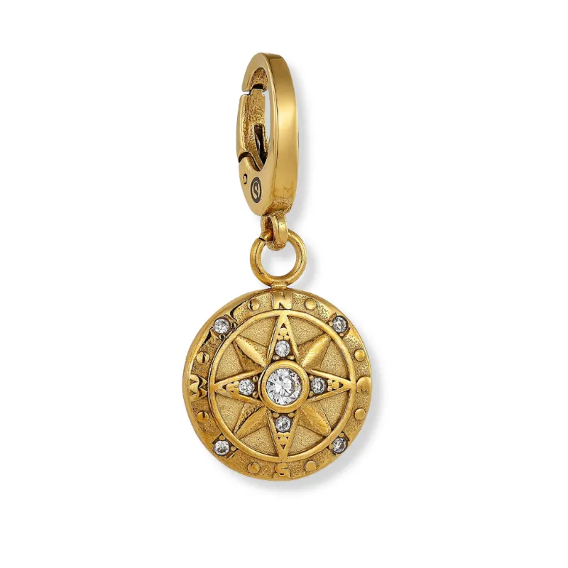 Sleek Fit Jewelry Compass Pendant - Gold, a solid 18 karat gold plated compass charm on a plain background