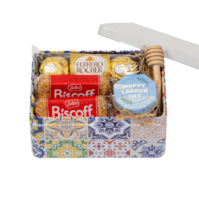 HoneySpree Happy Labour Day Treat Tin showing honey jar, dipper, chocolates and cookies in tin