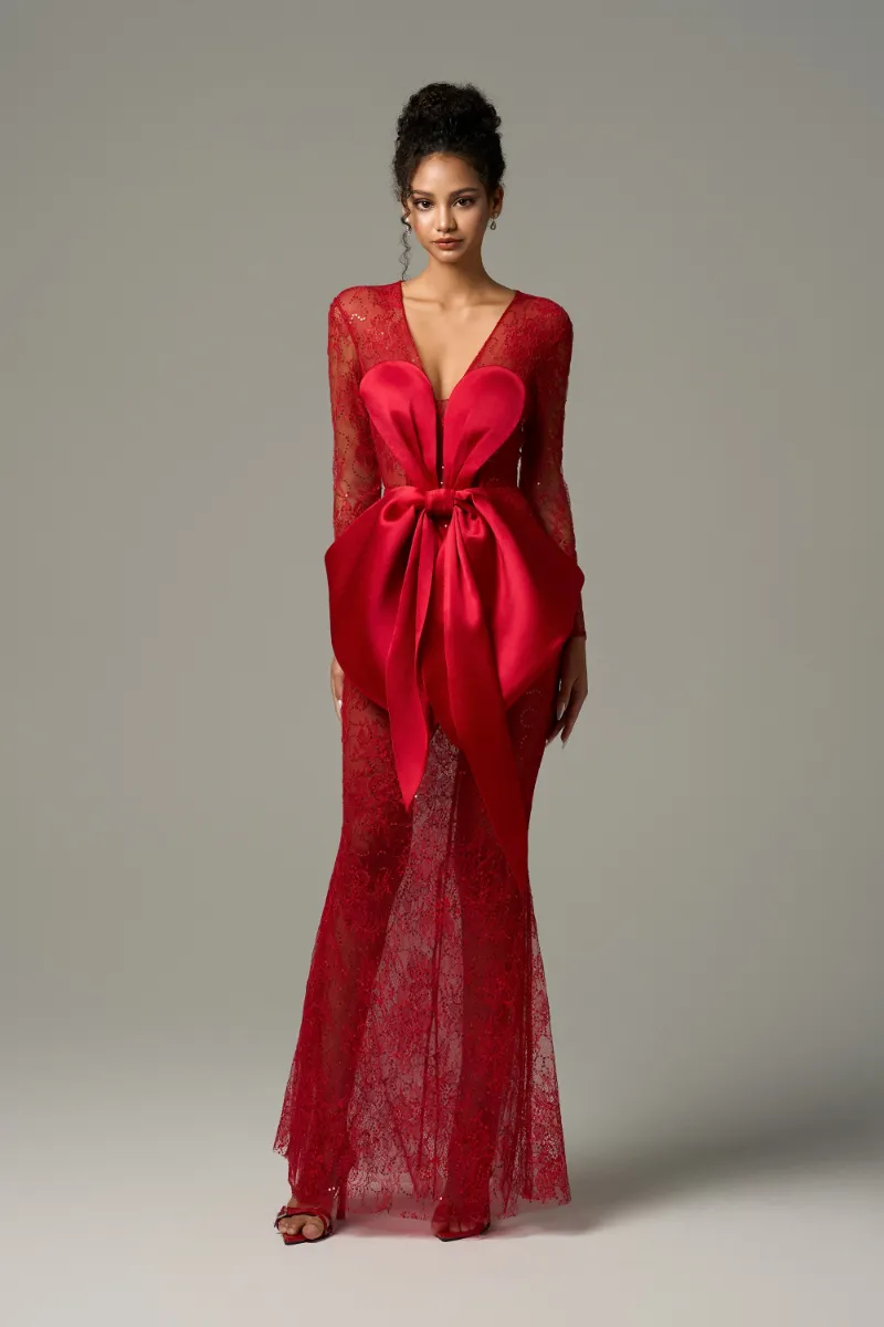 Kalisa Lavinia Long Sleeve Lace Maxi Dress With Silk Oversized Bow Accent full-length gown with lace sleeves and bow detail
