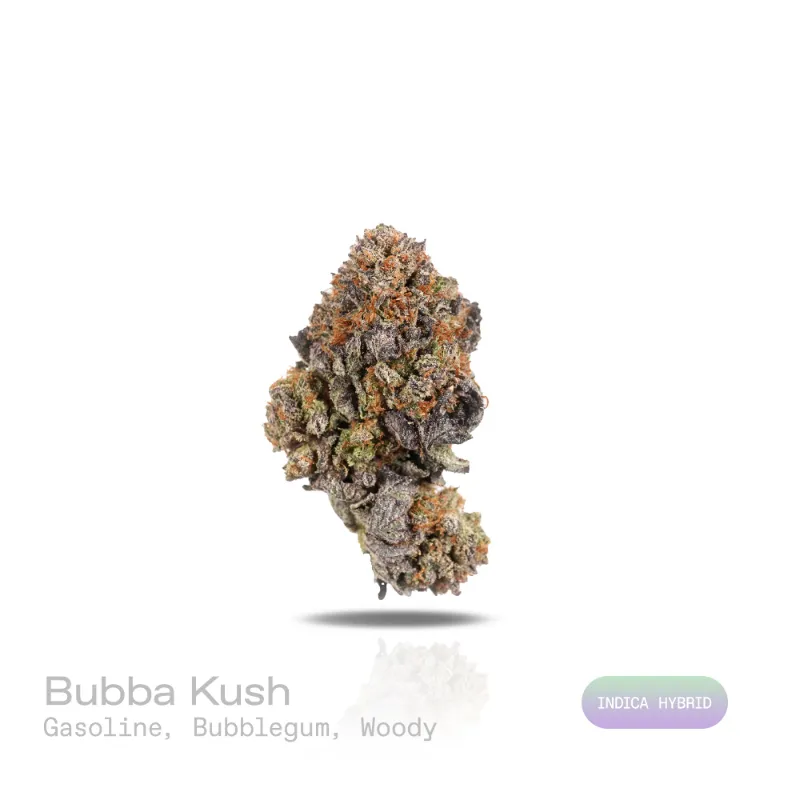 Hipuffy Bubba Kush THCa Flower (Premium Indoor) (Indica Hybrid) resin-coated green and purple cannabis buds with orange hairs