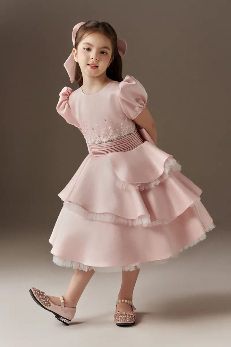 Kalisa Enchanting Embellished Crystals Layered Princess Dress With Hair Bow, ornate gown with crystal embellishments