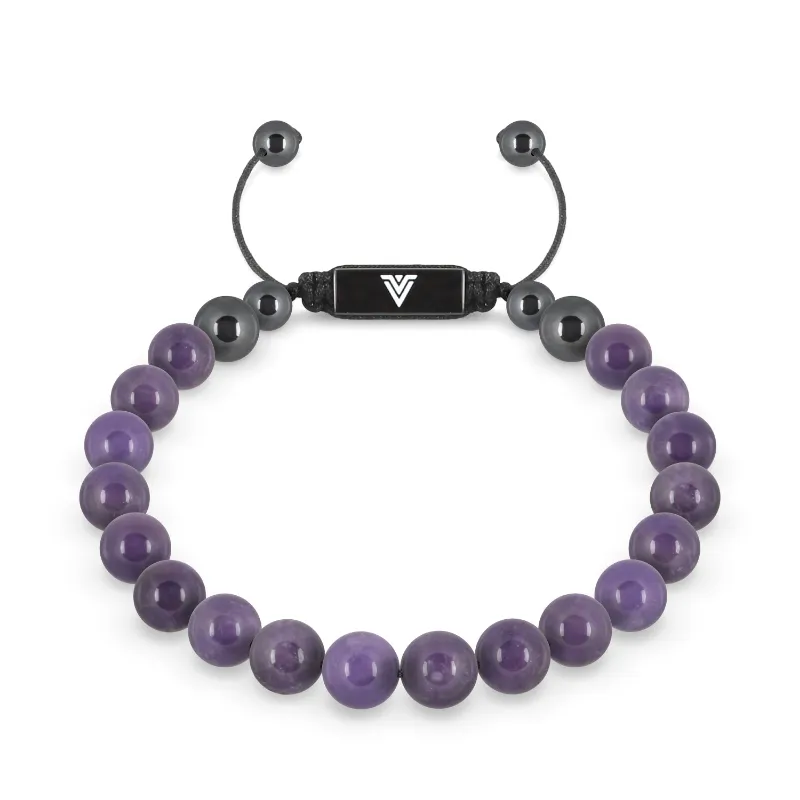 VOLTLIN Amethyst Shambala Bracelet showing amethyst beads on a black nylon cord bracelet
