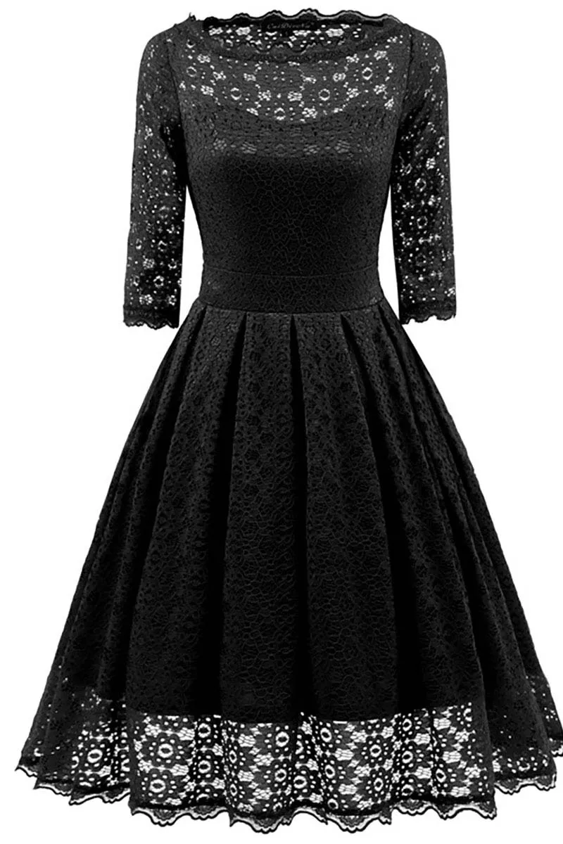 Mislish Black Lace A-line Prom Dress With Sleeves, black lace dress with half sleeves