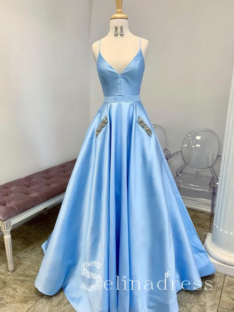 Selinadress A-line Blue Spaghetti Straps Affordable Prom Dresses With Pocket Long Formal Evening Gowns
