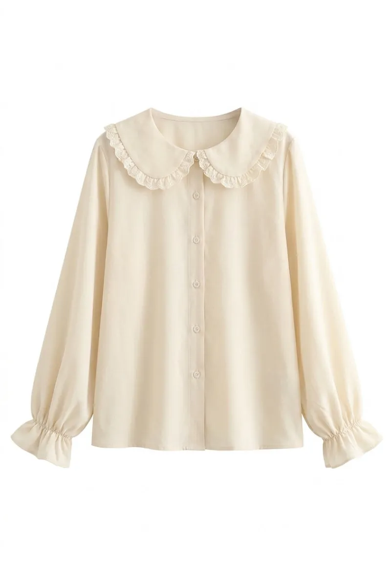 Cottagecore Clothes Ethereal Pan Collar Blouse in cream with ruffled Peter Pan collar and bishop sleeves