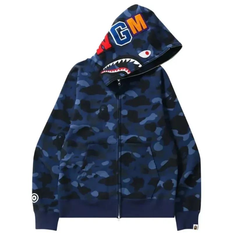 AfewVibe BAPE Color Camo Shark Full Zip Hoodie Navy showing navy camo Shark with full zipper on dark base