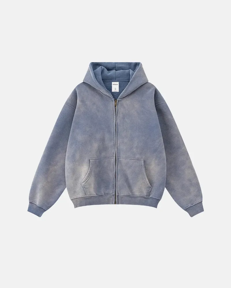 INFLATION Acid Washed Zip Up Hoodies with full zipper and side pockets in streetwear loose fit