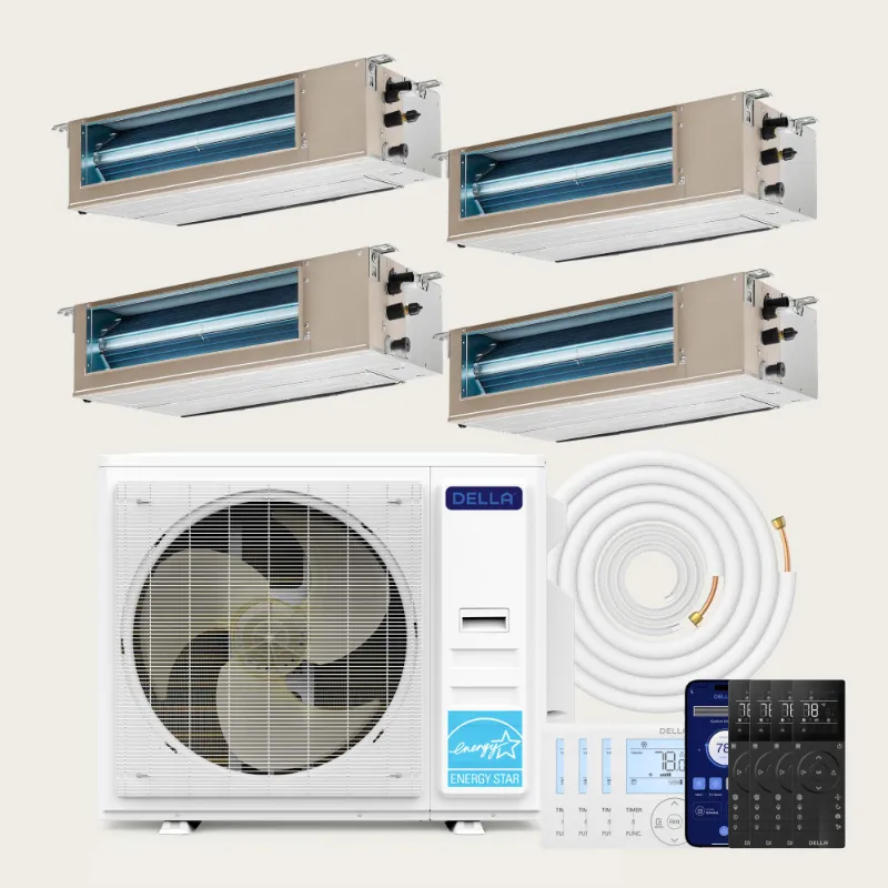 Della Home 34000 BTU quad zone concealed ducted mini split heat pump with four 9.5K BTU units