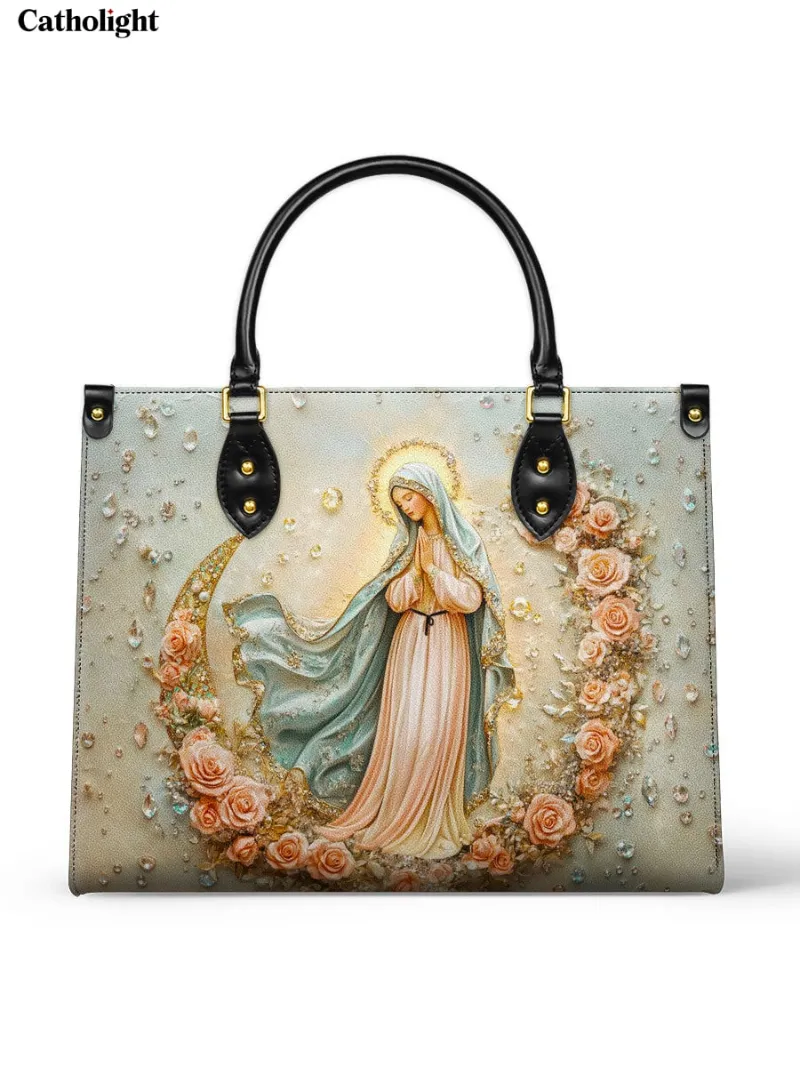 Catholight The Crescent of Serenity Leather Bag showing Blessed Virgin Mary on crescent moon with roses