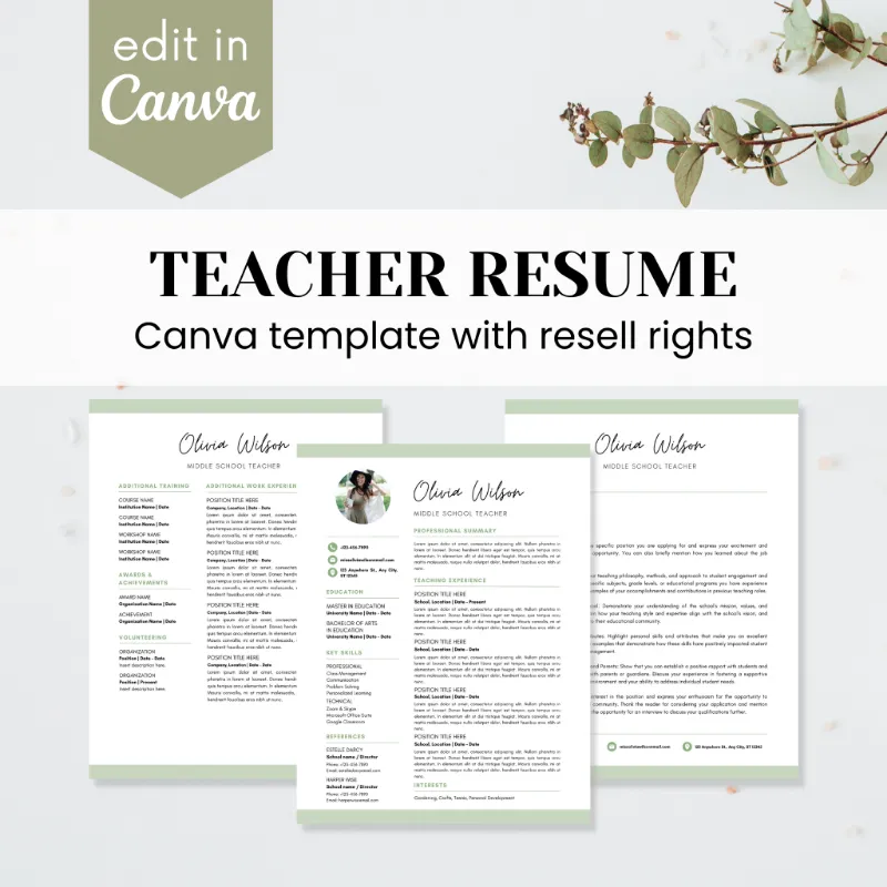 Purpose PLR Teacher Resume Template showing professional resume layout in Canva