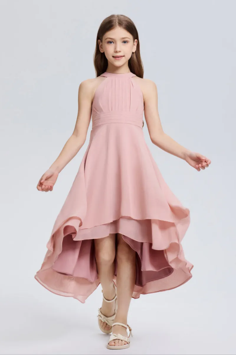 Wehilion Elegant Halter A-Line Pleated Chiffon Flower Dress shown on a model at a wedding
