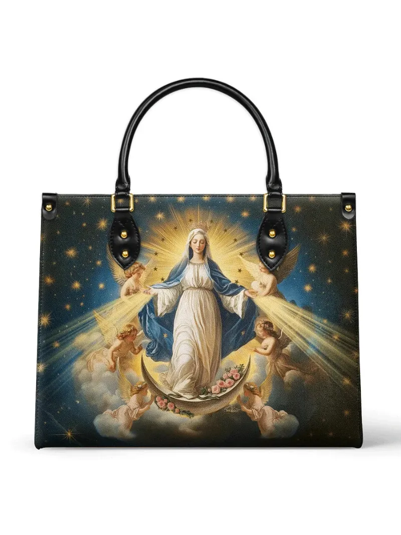 Catholight The Queen of Heaven Leather Bag with Mary on crescent moon surrounded by angels and stars