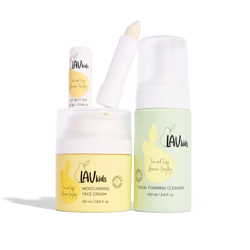 Lav Kids WH Complete Face Trio, a set of kids' cleanser, face cream and lip butter