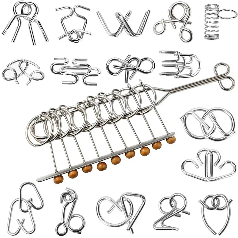 Kicklo 3D Montessori Metal Puzzle Set showing geometric metal brain teaser pieces