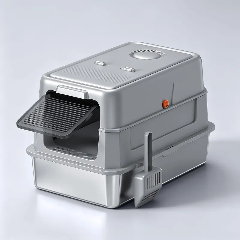 Furrbby XL Front Entry Stainless Steel Litter Box with Flip-Up Cover lid open