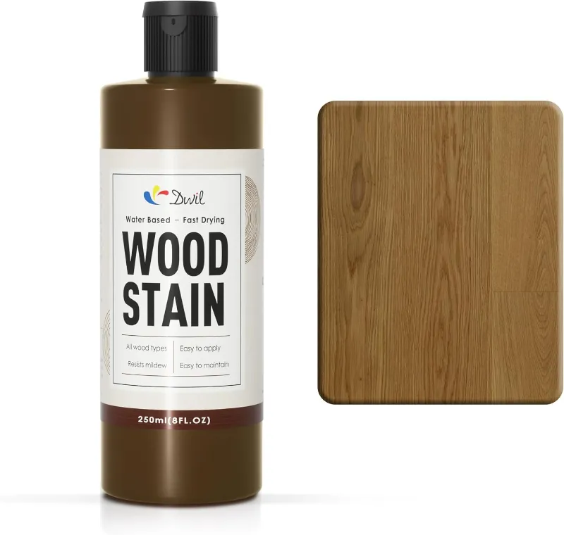 DWIL Paint Water-Based Wood Stain Kit bottle and application cloth on wood