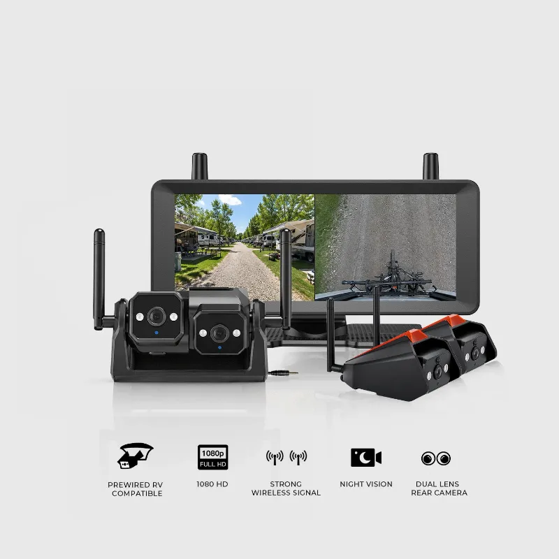 AUTO-VOX CampSync D1 Dual-Lens 1080P RV Camera System with 4 Cameras & Recording showing monitor and cameras