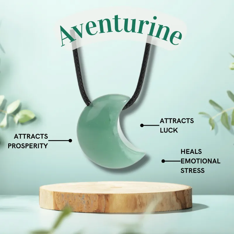 Turix Aventurine Celestial Moon Necklace showing green aventurine crescent moon pendant on long chain